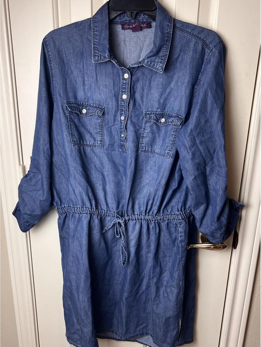 Gloria Vanderbilt "Ashleigh" Chambray Denim Shirt Dress Cinched Waist - Large